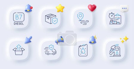 Illustration for Place, Send box and Transport insurance line icons. Buttons with 3d bell, chat speech, cursor. Pack of Parcel insurance, Delivery report, Petrol station icon. Diesel, Canister pictogram. Vector - Royalty Free Image