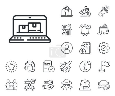 Illustration for Wholesale computer sign. Salaryman, gender equality and alert bell outline icons. Web inventory line icon. Warehouse system symbol. Web inventory line sign. Spy or profile placeholder icon. Vector - Royalty Free Image