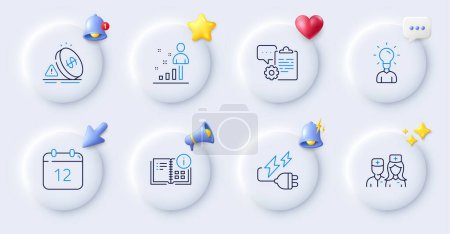Illustration for Doctor, Clipboard and Inflation line icons. Buttons with 3d bell, chat speech, cursor. Pack of Annual calendar, Instruction info, Electricity plug icon. Stats, Education pictogram. Vector - Royalty Free Image