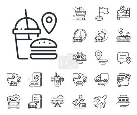 Illustration for Meal order location sign. Plane, supply chain and place location outline icons. Food delivery line icon. Fast food symbol. Fast food line sign. Taxi transport, rent a bike icon. Travel map. Vector - Royalty Free Image