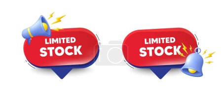 Illustration for Limited stock sale tag. Speech bubbles with 3d bell, megaphone. Special offer price sign. Advertising discounts symbol. Limited stock chat speech message. Red offer talk box. Vector - Royalty Free Image