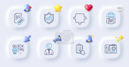 Illustration for Checklist, Fake news and Quick tips line icons. Buttons with 3d bell, chat speech, cursor. Pack of Puzzle, Motherboard, Medical tablet icon. Copyrighter, Internet documents pictogram. Vector - Royalty Free Image