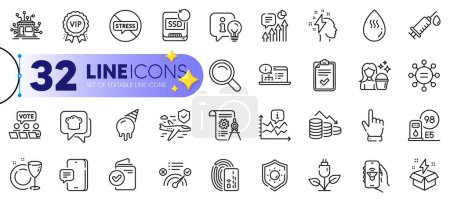 Illustration for Outline set of Lamp, Sun protection and Verification document line icons for web with Card, Stop stress, Phone message thin icon. Brainstorming, Vip award, Creative idea pictogram icon. Vector - Royalty Free Image