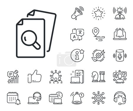 Illustration for Research documents sign. Place location, technology and smart speaker outline icons. Inspect line icon. Search file symbol. Inspect line sign. Influencer, brand ambassador icon. Vector - Royalty Free Image