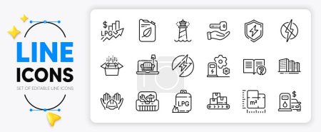 Illustration for Filling station, Rise price and Lighthouse line icons set for app include Charging station, Wholesale goods, Buildings outline thin icon. Packing boxes, Power safety. Vector - Royalty Free Image