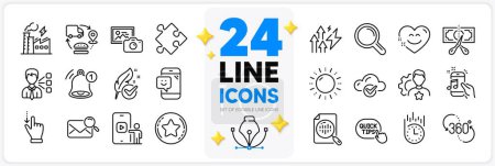 Illustration for Icons set of Photo camera, Phone video and Research line icons pack for app with Cut tax, Fast delivery, Reminder thin outline icon. Search mail, 360 degree, Music phone pictogram. Vector - Royalty Free Image