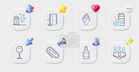 Illustration for Bordeaux glass, Ice cream and Whiskey bottle line icons. Buttons with 3d bell, chat speech, cursor. Pack of Meeting, Paper clip, Medical drugs icon. Charging station, Door pictogram. Vector - Royalty Free Image