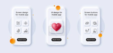 Illustration for Delivery location, Journey and Packing boxes line icons pack. 3d phone mockups with heart. Glass smartphone screen. Bike attention, Online storage, Parking web icon. Vector - Royalty Free Image