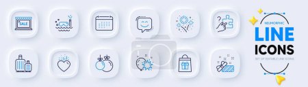 Illustration for Sale, Holidays shopping and Search puzzle line icons for web app. Pack of Baggage, Balloon dart, Calendar pictogram icons. Present, Christmas ball, Fireworks signs. Scuba diving, Heart. Vector - Royalty Free Image
