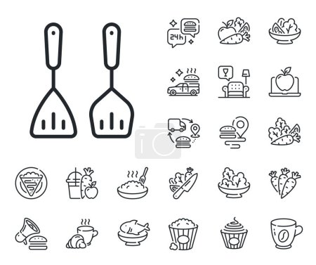 Illustration for Kitchen accessories sign. Crepe, sweet popcorn and salad outline icons. Cooking cutlery line icon. Food preparation symbol. Cooking cutlery line sign. Pasta spaghetti, fresh juice icon. Vector - Royalty Free Image