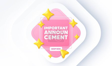Illustration for Important announcement tag. Neumorphic promotion banner. Special offer sign. Advertising discounts symbol. Important announcement message. 3d stars with cursor pointer. Vector - Royalty Free Image