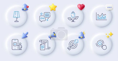 Illustration for Target, Phone video and Table lamp line icons. Buttons with 3d bell, chat speech, cursor. Pack of Seo target, Eco power, Investment icon. Documents, Food delivery pictogram. Vector - Royalty Free Image
