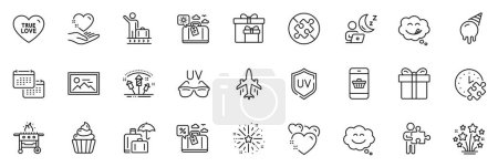Illustration for Icons pack as Delivery boxes, Cupcake and Sunglasses line icons for app include Fireworks explosion, Luggage insurance, Smile chat outline thin icon web set. Yummy smile, Luggage belt. Vector - Royalty Free Image
