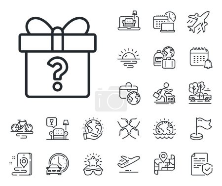 Illustration for Present or Sale sign. Plane jet, travel map and baggage claim outline icons. Gift box with Question mark line icon. Birthday Shopping symbol. Package in Gift Wrap. Secret gift line sign. Vector - Royalty Free Image