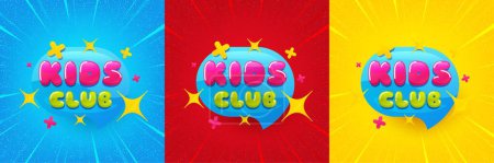 Illustration for Kids club banner. Sunburst offer banner, flyer or poster. Fun playing zone sticker. Children games party area icon. Kids club promo event banner. Starburst pop art coupon. Special deal. Vector - Royalty Free Image