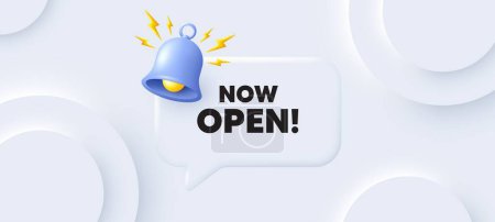 Illustration for Now open tag. Neumorphic background with chat speech bubble. Promotion new business sign. Welcome advertising symbol. Now open speech message. Banner with bell. Vector - Royalty Free Image