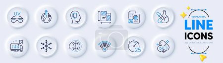 Illustration for Chemistry experiment, 5g wifi and Qr code line icons for web app. Pack of Cholecalciferol, Sunglasses, Pandemic vaccine pictogram icons. Snowflake, Psychology, Timer signs. Podcast. Vector - Royalty Free Image