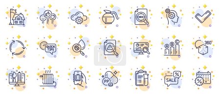 Illustration for Outline set of Medical analyzes, Creative design and Like line icons for web app. Include Recycling, Coffeepot, Niacin pictogram icons. Seo analytics, Calendar discounts, Graph chart signs. Vector - Royalty Free Image