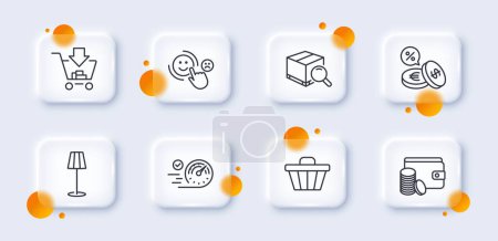 Illustration for Customer satisfaction, Payment method and Shopping line icons pack. 3d glass buttons with blurred circles. Search package, Floor lamp, Shop cart web icon. Vector - Royalty Free Image
