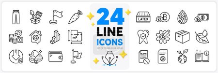 Illustration for Icons set of Manual, Pants and Save planet line icons pack for app with Parcel, 3d chart, Leaf dew thin outline icon. Loan percent, Refresh bitcoin, Milestone pictogram. Design with 3d stars. Vector - Royalty Free Image
