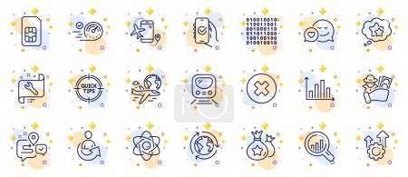 Illustration for Outline set of Loyalty points, Metro and Journey line icons for web app. Include Ranking stars, International flight, Tips pictogram icons. Approved app, Binary code, Share signs. Vector - Royalty Free Image