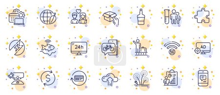 Illustration for Outline set of Couple love, Software and Hold box line icons for web app. Include 5g wifi, Dollar exchange, Cloud upload pictogram icons. Luggage belt, Seo adblock, Report signs. Message. Vector - Royalty Free Image