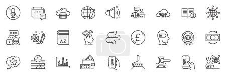 Illustration for Icons pack as Pound money, Quick tips and Court judge line icons for app include Survey results, Justice scales, Facts outline thin icon web set. Engineering, Difficult stress. Vector - Royalty Free Image