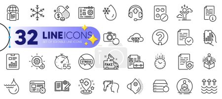 Illustration for Outline set of Medical mask, Hydroelectricity and Motherboard line icons for web with Time, Report document, Timer thin icon. Recovery photo, Difficult stress, Snowflake pictogram icon. Vector - Royalty Free Image