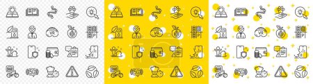 Illustration for Outline Petrol station, Warning and Pets care line icons pack for web with Clipboard, Energy, Vr line icon. Leaves, Parking place, Sun energy pictogram icon. Chef, Voicemail, Vacancy. Vector - Royalty Free Image