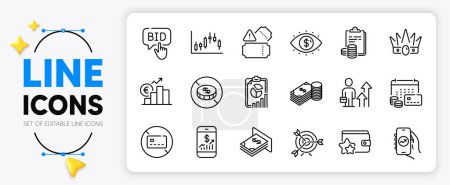 Illustration for Business vision, Target and No card line icons set for app include Mobile finance, Accounting, No cash outline thin icon. Crown, Report, Candlestick graph pictogram icon. Vector - Royalty Free Image