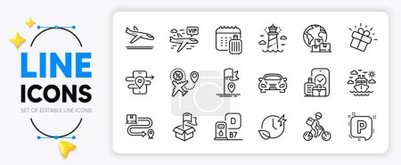 Illustration for Carry-on baggage, Gps and Delivery service line icons set for app include Car, Lighthouse, Charging time outline thin icon. Ship travel, Gift, Flag pictogram icon. Flight sale. Vector - Royalty Free Image