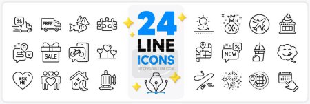 Illustration for Icons set of Ice cream, Sleep and Bike app line icons pack for app with Fireworks, Journey, Love heart thin outline icon. Puzzle, Map, Event click pictogram. Yummy smile, Airplane mode. Vector - Royalty Free Image