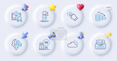 Illustration for Flag, Petrol station and Money loss line icons. Buttons with 3d bell, chat speech, cursor. Pack of Certificate, Cloudy weather, Toolbox icon. Rotation gesture, Deflation pictogram. Vector - Royalty Free Image