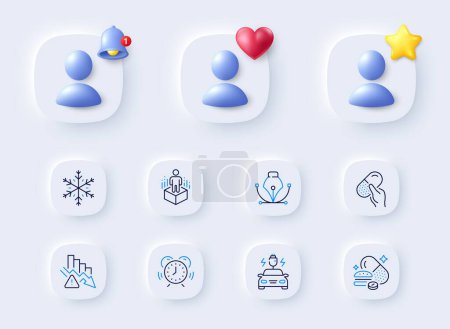 Illustration for Augmented reality, Pen tool and Overeating pills line icons. Placeholder with 3d bell, star, heart. Pack of Deflation, Car charging, Capsule pill icon. Time management, Snowflake pictogram. Vector - Royalty Free Image
