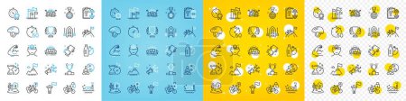 Illustration for Vector icons set of Mountain bike, Winner cup and Winner line icons pack for web with Sports arena, Yoga mind, Fitness water outline icon. Leadership, Flags, Bicycle parking pictogram. Vector - Royalty Free Image