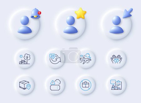 Illustration for Search flight, Tickets and Inventory report line icons. Placeholder with 3d cursor, bell, star. Pack of Parcel tracking, No handbag, 24 hours icon. Bicycle, Hold box pictogram. Vector - Royalty Free Image