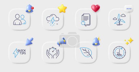 Illustration for Users, Thunderstorm weather and Timer line icons. Buttons with 3d bell, chat speech, cursor. Pack of Leaf, Windmill turbine, 48 hours icon. Quickstart guide, Search file pictogram. Vector - Royalty Free Image