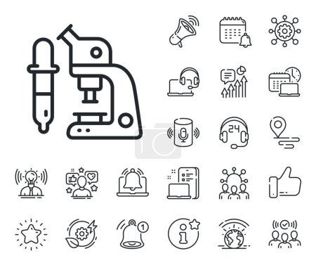 Illustration for Laboratory equipment sign. Place location, technology and smart speaker outline icons. Microscope line icon. Science lab instrument symbol. Microscope line sign. Vector - Royalty Free Image