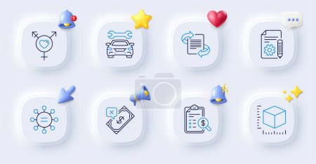 Illustration for Marketing, Ethics and Documentation line icons. Buttons with 3d bell, chat speech, cursor. Pack of Rejected payment, Genders, Package size icon. Accounting report, Car pictogram. Vector - Royalty Free Image