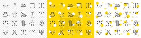 Illustration for T-shirt, Footwear and bathrobe icons. Clothes line icons. Hoody sweatshirt, T-shirt with hanger and suit. Skirt, Women dress and high heels shoes. Socks, panties with bra and bathrobe. Vector - Royalty Free Image