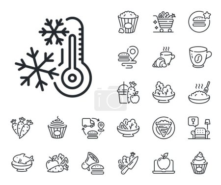 Illustration for AC cold temperature sign. Crepe, sweet popcorn and salad outline icons. Freezing thermometer line icon. Fridge function symbol. Freezing line sign. Pasta spaghetti, fresh juice icon. Vector - Royalty Free Image