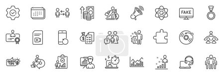 Illustration for Icons pack as Delegate work, Presentation board and Stats line icons for app include Group, Infochart, Megaphone outline thin icon web set. Certificate, Execute, Inflation pictogram. Vector - Royalty Free Image