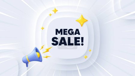 Illustration for Mega Sale tag. Neumorphic banner with sunburst. Special offer price sign. Advertising Discounts symbol. Mega sale message. Banner with 3d megaphone. Circular neumorphic template. Vector - Royalty Free Image