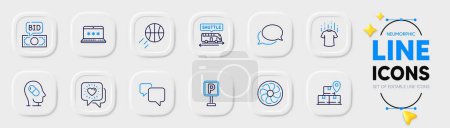 Illustration for Laptop password, Friends chat and Bid offer line icons for web app. Pack of Speech bubble, Delivery service, Shuttle bus pictogram icons. Basketball, Parking, Dry t-shirt signs. Vector - Royalty Free Image