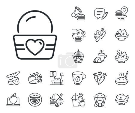 Illustration for Vanilla sundae sign. Crepe, sweet popcorn and salad outline icons. Ice cream cup line icon. Frozen summer dessert symbol. Ice cream line sign. Pasta spaghetti, fresh juice icon. Supply chain. Vector - Royalty Free Image