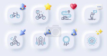 Ilustración de Bicicleta, ciclista y los iconos de la línea de liderazgo. Botones con campana 3d, discurso de chat, cursor. Pack de Barco, Bicicleta, Icono estrella ganadora. Éxito, pictograma de carril bici. Para aplicación web, impresión. Vector - Imagen libre de derechos