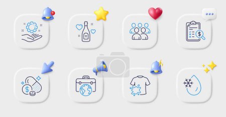 Illustration for Dirty t-shirt, Businessman case and Medicine price line icons. Buttons with 3d bell, chat speech, cursor. Pack of Freezing water, Employee hand, Accounting report icon. Vector - Royalty Free Image