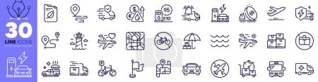 Illustration for Ambulance emergency, Canister and Waves line icons pack. Car, Food delivery, Fuel price web icon. Delivery truck, Bus, Bicycle prohibited pictogram. Gas price, Journey, Honeymoon travel. Vector - Royalty Free Image