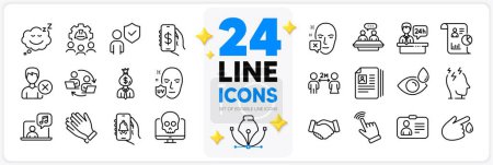 Illustration for Icons set of Blood donation, Eye drops and Bell alert line icons pack for app with Handshake, Uv protection, Cursor thin outline icon. Teamwork process, Face declined, Music pictogram. Vector - Royalty Free Image