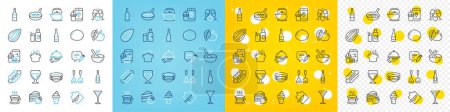 Illustration for Vector icons set of Dishes, Cooking hat and Coffee cup line icons pack for web with Wine, Champagne bottle, Wine glass outline icon. Almond nut, Restaurant food, Milk pictogram. Cook. Vector - Royalty Free Image